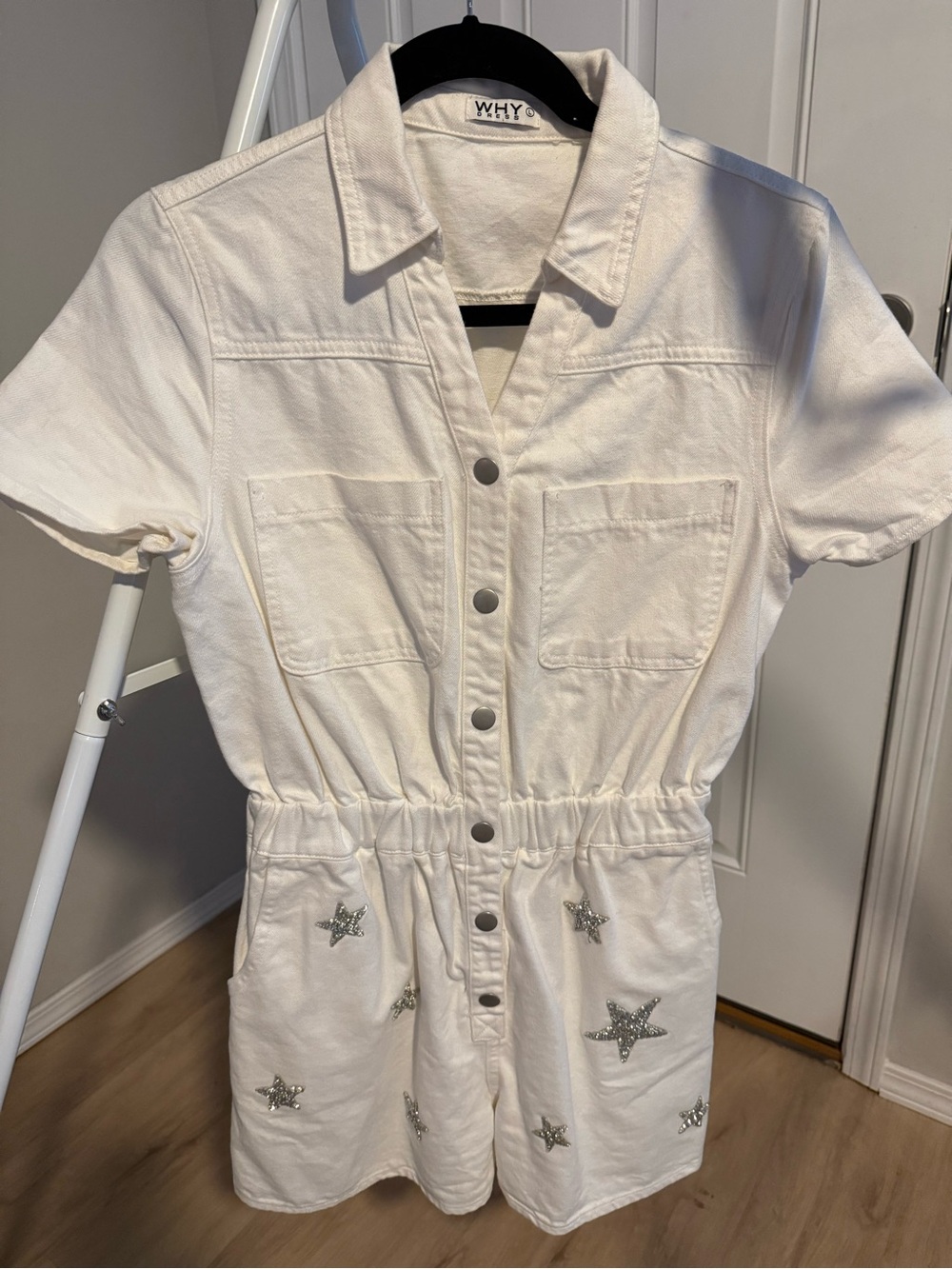 White Star-Embellished Women’s Denim Romper Size large why dress